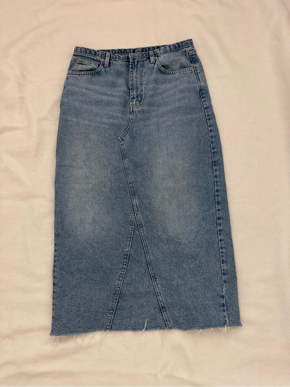 Cotton On Denim Maxi Skirt Blue High Rise Back Slit Raw Hem Size 4